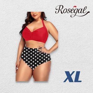 ⬇️👍GUC* ROSEGAL |XL| Halter Red Top Black Polka Dot High Waisted Bikini